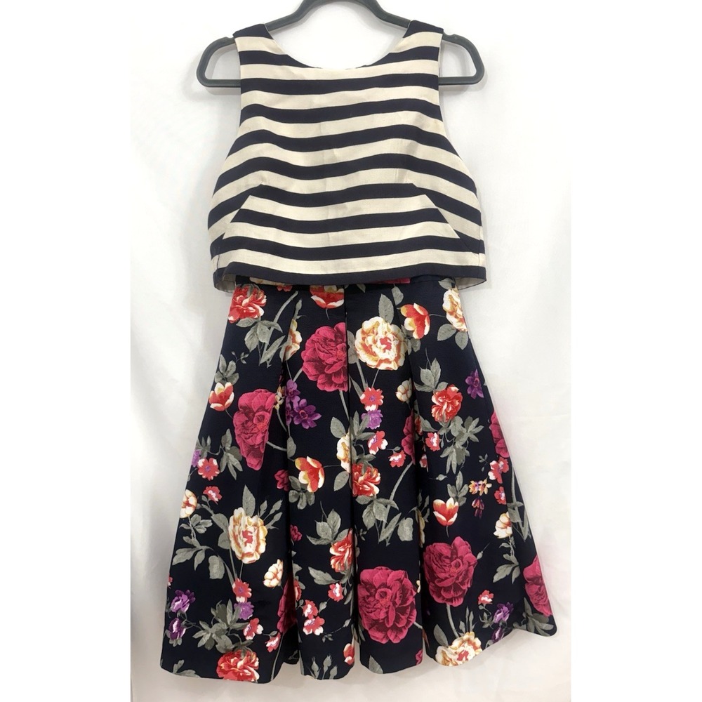 Moulinette Soeurs Anthropologie Navy Floral Striped Dress Womens Size 6 *FLAWS